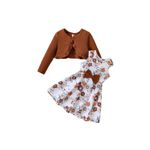 AMMENGBEI Toddler Girl 2 Piece Outfits Floral Print Sleeveless Dress and Long Sleeve Cardigan Set(Brown,5-6T)