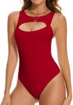 SHAPERIN Women's Round Neck Sleeveless Thong Bodysuit Cutout Front Sexy Tank Top Leotard Body Suits (X-Large,Red)