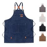 Chef Apron for women men,Adjustable Canvas Apron with Large Pockets,Crossback,Waterproof Cooking Chef Apron for ketchen (Blue)