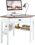 Giantex Wood Corner Computer Desk, Compact Writing Table w/Drawer & Shelves, Space Saving Workstation with Foot Pads, Laptop PC Corner Table Furniture for Home Office, White & Natural