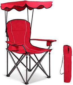 GOPLUS Chaise de Camping Pliante, Fauteuil Camping Extérieur avec Auvent, Porte-gobelets et Sac de Transport, Idéal pour Plage, Pêche, Barbecue, Pique-Nique, Charge 150 KG (Rouge, 97x67x134cm)