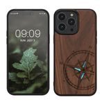 kwmobile Wood Case Compatible with Apple iPhone 14 Pro Max Case - Cover - Navigational Compass Mother of Pearl Dark Brown