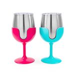 Camco 51915 Pink and Blue Stainless Steel Tumbler Set with Removable Fuchsia Pink and Teal Blue Wine Glass Stems-Leak Proof Lid, 8 oz