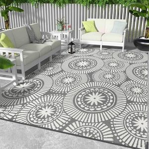 Ileading Large Plastic Outdoor Rug 9x12ft Modern Geometric Style Reversible Patio Area Rugs Waterproof Non Shedding Portable Carpets for Rv Outside Deck Pool Beach Picnic Camping (Grey)