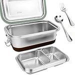 Lunbengo Large Metal Lunch Container with Leakproof Lids, Stainless Steel Meal Prep Containers with 500ml Divided Compartments - Spoon&Fork/Anti-slip Rubber/Snap Buckle Open&Close, 8.7'' x 5.5''