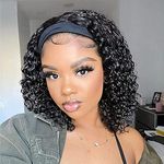 Deep Wave Headband Wig Human Hair 12inch None Lace Front Wigs Brazilian Virgin Hair Machine Made Wigs Glueless Deep Curly Wave Headband Half Wigs for Black Women Human Hair Natural Color