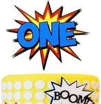 Comic Superhero One Cake Topper, Superhero Theme 1st First Birthday Cake Smash Décor, Comic Superhero Party Decoration Supplies, Comic Book Explosion Boom One Cake Décor for Boys Kids