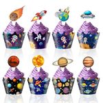 48PCS Astronaut Out Space Cupcake Toppers and Wrappers, Rocket UFO Satellite Planet Travel Space Themed Party Cupcake Decorations for Boys Girls Kids Happy Birthday Baby Shower Wedding Party Supplies