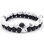 2PCS Bead Bracelets,LucBuy 8mm Natural Crystal Energy Stone Elastic Bangle,Yoga Black Matte Agate & White Howlite Fashion Bracelet,Couples Friendship Handmade Beads Bracelet Jewelry for Women Men