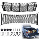 TOBWOLF 2PCS 130x38cm & 120x30cm Truck Bed Cargo Net, Stretchable Cargo Storage Mesh Net Four Pocket Trunk Net Organizer with Hooks Screws, Pickup Truck Bed Grocery Holder Mesh Storage Net for Car