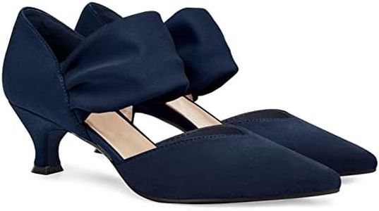 Coutgo Womens Low Kitten Heel Dress Shoes Pointed Toe Slip on Ankle Strap Cutout Elegant Party Wedding Pumps, Navy, 9