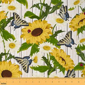 jejeloiu Sunflower Fabric by The Yard, Butterfly Upholstery Fabric for Chairs Sofa Couch, Butterflies Print Botanical Blossom Outdoor Fabric Waterproof, 2 Yards, Yellow Beige