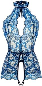 Ababoon Women One Piece Lingerie Lace Sexy Baby Dolls Teddy Sleepwear (Black&Blue, Small)