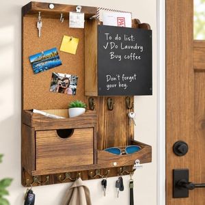 HEKOOLA Key Holder Wall Mount with Drawer and Mail Organizer, Natural Wood