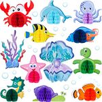 12 Pieces Ocean Sea Animal Honeycomb Centerpiece Under the Sea Table Decorations Ocean Themed Marine Creature Decoration Fish Mermaid Table Honeycomb for Beach Themed Birthday Party Baby Shower