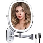 Wall Mounted Makeup Vanity Mirror, Double Sided 1X/7X Magnifying, Built-in 2000 mAh Battery Rechargeable, Free Extension Foldable Arm, 3 Lighting Option Dimmable, Oval Frame Bathroom Makeup Mirror