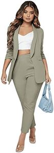 SweatyRocks Women's 2 Piece Solid Ruched Sleeve Blazer and Pants Business Office Suit Set Green S