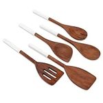 Chef Pomodoro Cooking Wooden Utensils, Spoons, Spatula for Kitchen, 5-Piece Set, 12" Long, Non Stick Cookware Tools or Utensils Includes Wooden Spoon, Spatula, Fork, Slotted Turner (White)