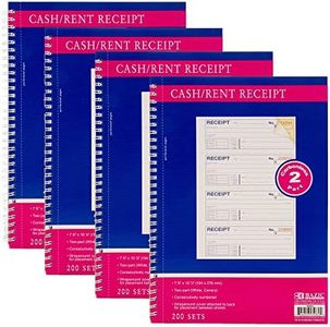 BAZIC Products Cash Money or Rent Spiral Bound Receipt Book, 200 Sets 7 5/8" x 10 7/8" 2-Part Carbonless, White & Bound Wraparound Cover (200 Sets/Pk), 4-Packs