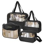 Portable Clear Travel Toiletry Bag - 4 Piece Waterproof PVC+PU Cosmetic Set for Men and Women - Full Size Essentials Bag Ideal for Holidays (Black)