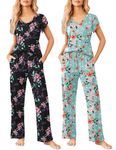 Ekouaer 2 Pack Womens Pajamas Short Sleeve Sleepwear Top with Pants Super-Soft Printed Lounge Sets S-XXL