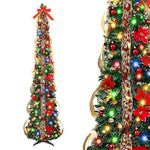 6Ft/180cm Pop Up Christmas Tree with Lights, Collapsible Artificial Christmas Tree, Xmas Tree for Christmas Decoration, Home Office Party Decor, Indoor Display