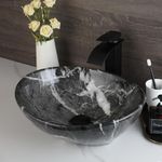 KECTIAKL Black White Marbling Bathroom Vessel Sink,16 Inch Ceramic Vessel Sink with Waterfall Faucet and Pop-up Drain Combo,Oval Bathroom Sink Bowl Above Counter with Mixer Tap