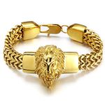 W/W Lifetime Mens Bracelet Stainless Steel Heavy 12mm Double Franco Chain Lion Head Bracelet Jewelry Men Biker…, Gold, Stainless Steel