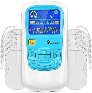 Auxoliev Rechargeable TENS Machine,EMS Muscle Stimulator for Natural Pain Relief with 25 Modes,TGA Cleared Tens Unit with Replacement Pads (blue and white)