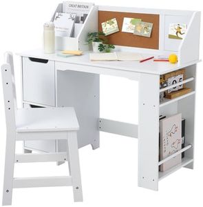 White Study Desk and Chair Set with Bookshelf, Bulletin Board, and Cabinets - Ideal for Boys and Girls Ages 3-8