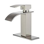 Wovier Brushed Nickel Waterfall Bathroom Sink Faucet with Cover Plate,Single Handle Single Hole Brass Lavatory Vanity Faucet,Basin Mixer Taps with Supply Hose