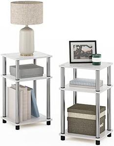 Furinno JUST Side Table Set of 2, 3-Tier Modern End Tables, Open Shelves Night Stand, Nightstand, Toolless Assembly, for Living Room, Bedroom, White Oak/Stainless Steel
