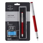 Parker Vector Metallix Fountain Pen (Fine Nib) | Red Body Color With Quink Ink Bottle | Gifts For Employees | Ideal For Corporate Use