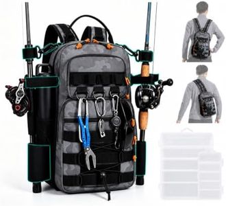 BSAKG 2 in 1 Compact Tactical Fishing Backpack with Tackle Boxes, Lightweight Waterproof Tackle Bag Fit 2 * 3600 Tackle Boxes, 2 Rod Holders Storage, Fishing Accessories Gift for Men Gray