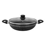 Royalford Aluminium Wok Pan, 32 CM | Induction Safe Frying Pan with Non-Stick Coating & Tempered Glass Lid | Saute/Frying pan with Heat-Resistant Handle | Stir Fry Cookware Pan, PFOA