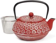 Red Floral Cast Iron Teapot Kettle with Stainless Steel Loose Leaf Infuser (34 oz)