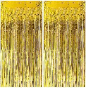 Haobase 2 Pack 3.28 Ft x 6.56 Ft Tinsel Foil Fringe Curtains, Metallic Foil Curtains Party Photo Backdrop for Wedding Birthday Party Baby Shower Graduation Decorations (Gold)