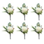 Huilimei White Rose Boutonniere for Men Wedding Set of 6,Artificial Wedding Flower Boutonnieres with Pins for Groom and Best Man Wedding Anniversary Celebration,Prom,Party,Home Decoration (6)