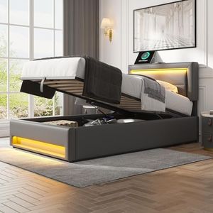 Sapgaks Lit Coffre 90 x 200 avec Espace de Rangement et LED,Cadre de lit capitonné 90 x 200 avec sommier à lattesr,Lit 1 Personne avec Port USB,Prend en Charge Le Chargement sans Fil,Gris.