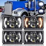 BWCarid 4x6 LED Headlights DOT Approved 4PCS with DRL Turning Signal 95W Hi/Low Sealed Beam Projector H6545 H4651 H4652 H4656 H4666 Headlight for Peterbilt 378 379 Kenworth T800 W900 Ford Probe