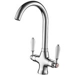 Kitchen Sink Mixer Tap Swivel Spout Chrome Dual Handle Ceramic Lever UK Fittings Taps High Arch Spout Single Hole for Kitchen Sinks with Flexi Tails, Brass, DIY Kitchen