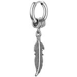 Flongo Men's Earrings 1 Piece Stainless Steel Earrings with Sword Tail / Feather / Drop / Ghost Head 316L Stainless Steel Men's Earrings Silver Hoop Earrings Punk, Stainless Steel