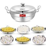 QSEC Triply bottom Idli maker Stainless Steel 4-in-1 Induction base Multi utility Kadai Idli Cooker All-in-One Big Size dhokla Cooker | 6 Plate 2 Idli | 1 mini idli 2 Dhokla 1 Patra Momo Steamer