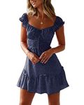 Valphsio Womens Smocked Dress Ruffle Floral Tie Front Boho Short Dresses (Medium, Navy)