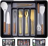 Silverware Drawer Organizer, Expandable Kitchen Drawer Organizer Utensil Drawer Organizer Cutlery Drawer Adjustable Utensil Tray Flatware Tray for Forks Spoons Knife Organizer(Large, Gray Black)