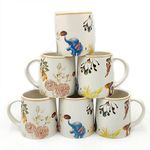 KIE White Floral Flower Design Beautiful handprinted Premium Ceramic Coffee Mug Set -Best Gifts for Friends, 300 ML (Set of 6 Pcs)