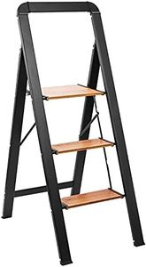 ACSTEP 3 Step Ladder Folding Step Stool Aluminum, Lightweight Slim Step Stool Ladder with Long Handle, Anti-Slip Study Pedal, Classic Wood Look with Wood grain Worry Step Ladder (Three Steps)
