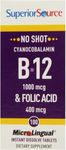 Superior Source No Shot Vitamin B-12 Cyanocobalamin 1000 mcg & Folic Acid 400 mcg - Offers Energy, Heart, Brain, & Stress Support - 100 Sublingual Dissolving Tablets