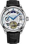 Stuhrling Mens Automatic Stainless Steel Automatic Skeleton Movement Duel Time Dial AM/PM Dial & Alligator Embossed Leather Strap Mechanical Watch, silver, black, Mechanical