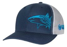 Born of Water Tiger Shark Scuba Diving Trucker Hat: Mens Adjustable Snapback for Fishing, Spearfishing - Navy/White